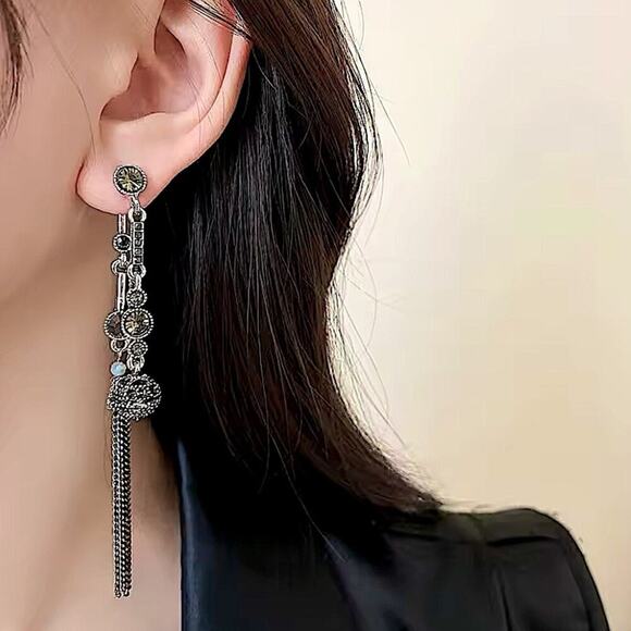 Antique Silver Rhinestone Earring Round Ball Long Fringe Tassel Earrings Boho - Picture 7 of 12